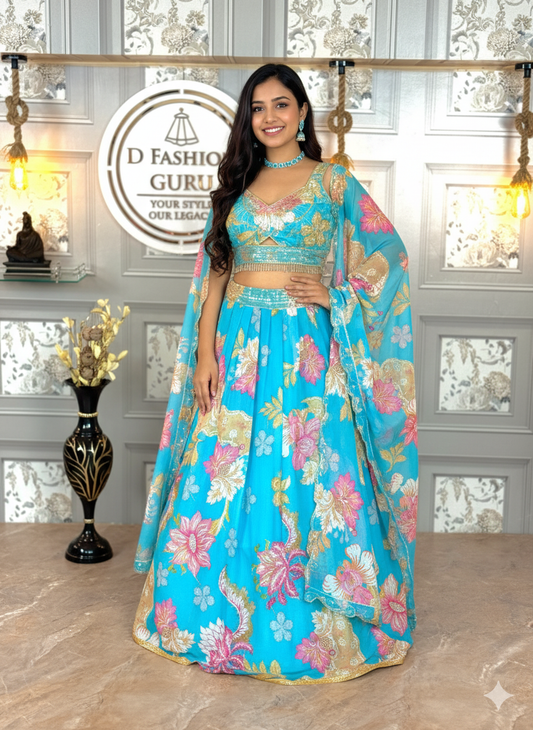 🌸 Turquoise Bloom: Floral Lehenga Set with Embellished Blouse & Dupatta 🌸