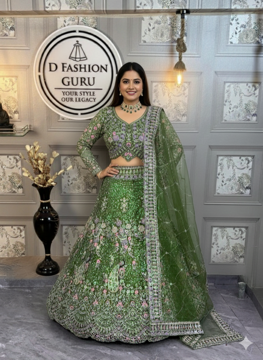 ✨ Premium Parrot Green Butterfly Net Lehenga with Coding Sequins Embroidery