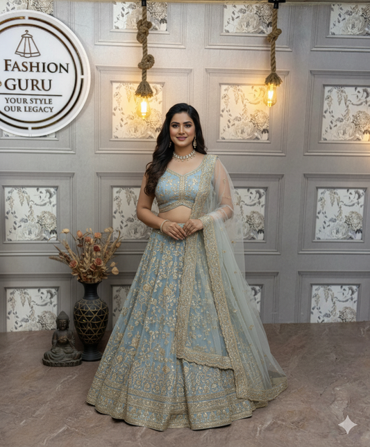 Premium Embroidered Faux Georgette Lehenga Set-1696-FIROZI