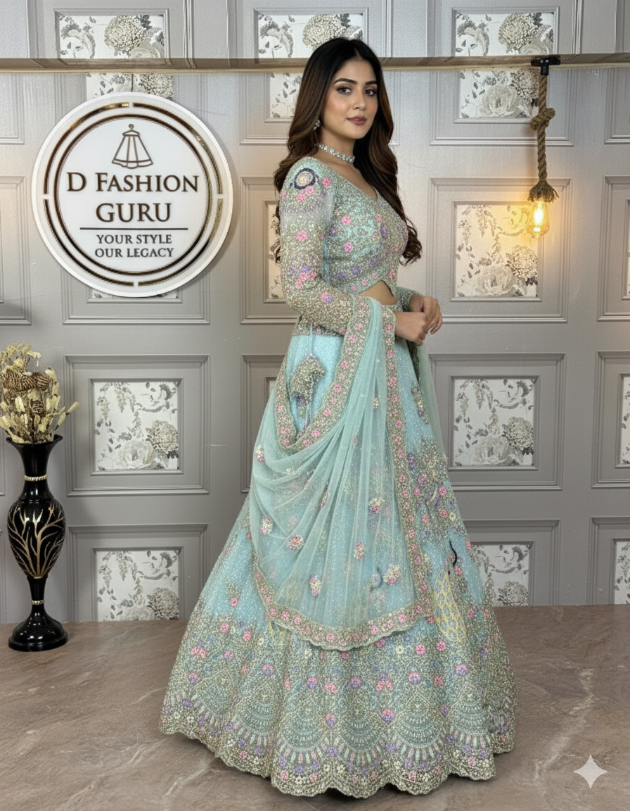 Light Blue Butterfly Net Lehenga with Can-Can & Sequins Work – Wedding & Festive Wear