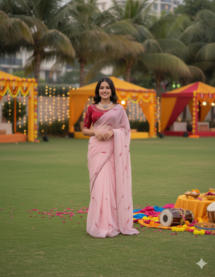 ✨ Elegant Charm – Designer Crunchy Silk Saree ✨