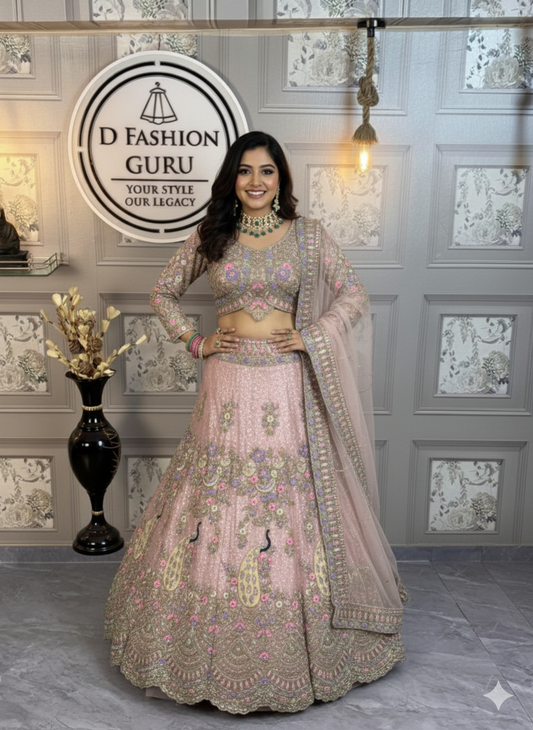 ✨ Premium baby pink Butterfly Net Lehenga with Coding Sequins Embroidery