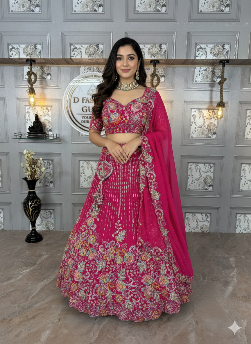 Premium Faux Georgette Embroidered Lehenga Choli Set with Dupatta | 4 Meter Flare | Semi-Stitched