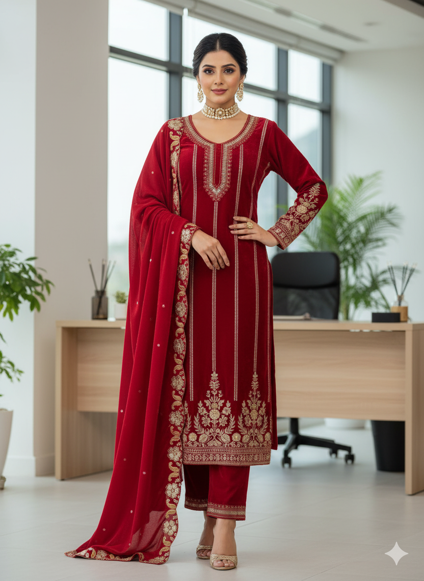 Premium Velvet 3-Piece Suit – Heavy Work Elegance! - ST - 1134 💎 💃