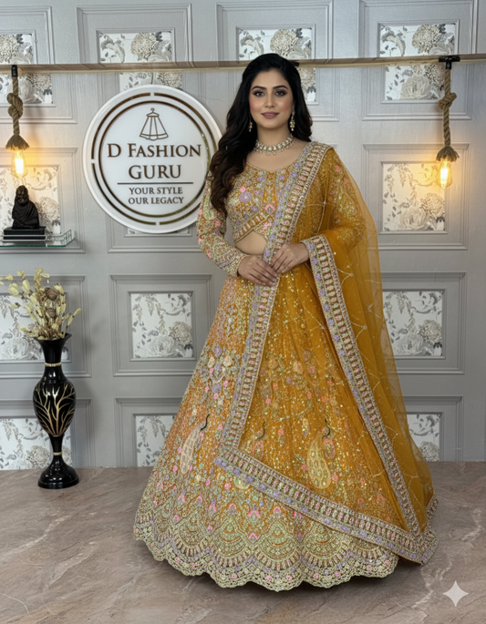 orange colour Semi-Stitched Butterfly Net Lehenga with Coding Sequins Work | Elegant Wedding & Party Wear