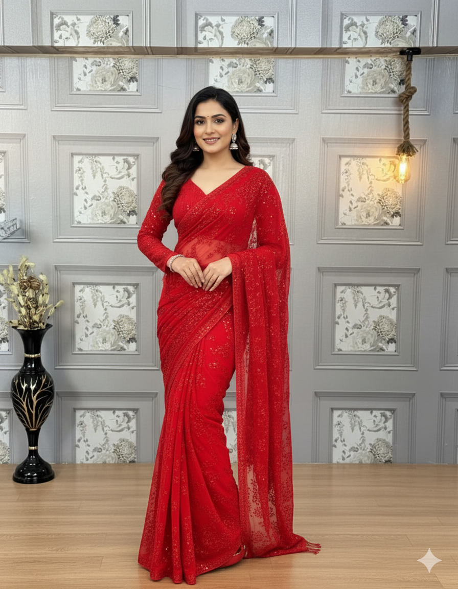 Superhit Georgette Embroidered Saree with Ready Blouse!-ST- 488 💃