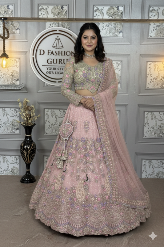Light Pink Semi-Stitched Butterfly Net Lehenga with Coding Sequins Work | Elegant Wedding & Party Wear