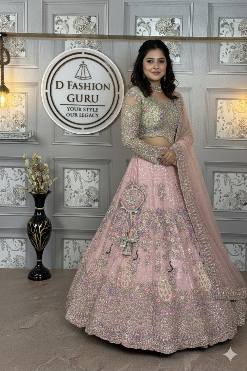 Light Pink Semi-Stitched Butterfly Net Lehenga with Coding Sequins Work | Elegant Wedding & Party Wear
