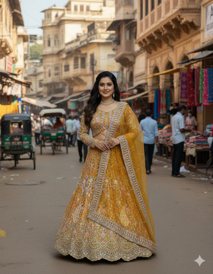 orange colour Semi-Stitched Butterfly Net Lehenga with Coding Sequins Work | Elegant Wedding & Party Wear