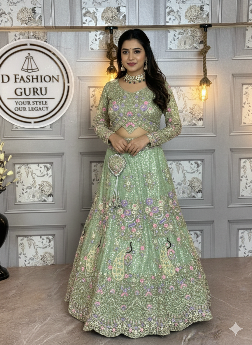 ✨ Red Butterfly Net Lehenga – Shine in Style-1676-sky-green ❤️💃