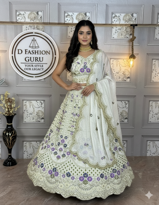 Premium Heavy Mono Satin Silk Lehenga Choli with Chinon Silk Dupatta | 4 Meter Flare | Embroidery Sequins & Cut Work | Semi-Stitched
