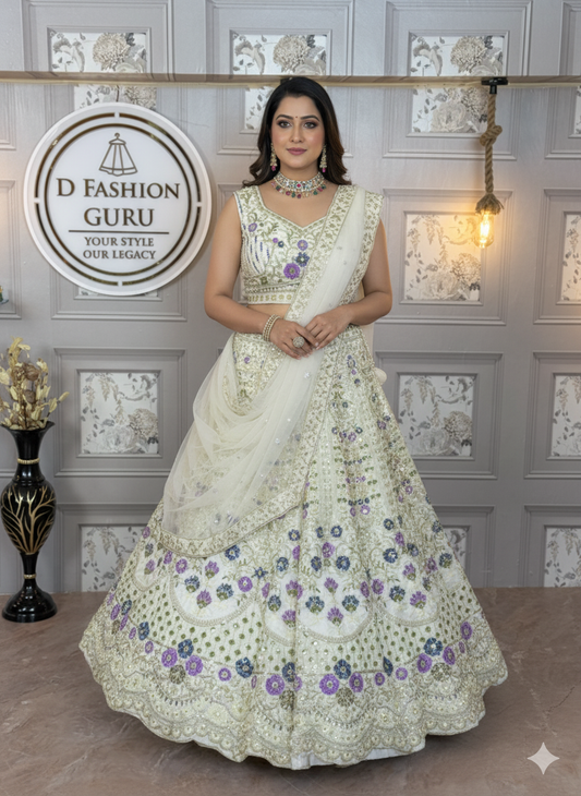 Heavy Mono Satin Silk Lehenga with Coding Sequins Cut Work & Chinon Dupatta