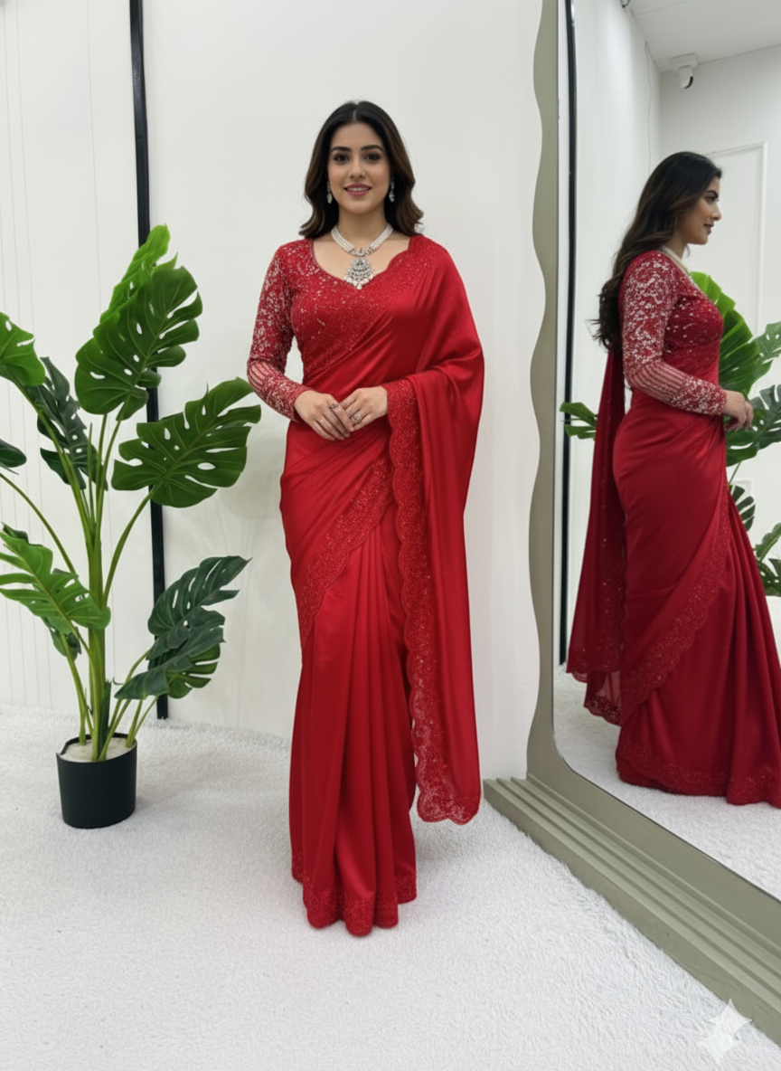 ✨ Stunning Designer Saree with Belt – Satin Silk Elegance ✨