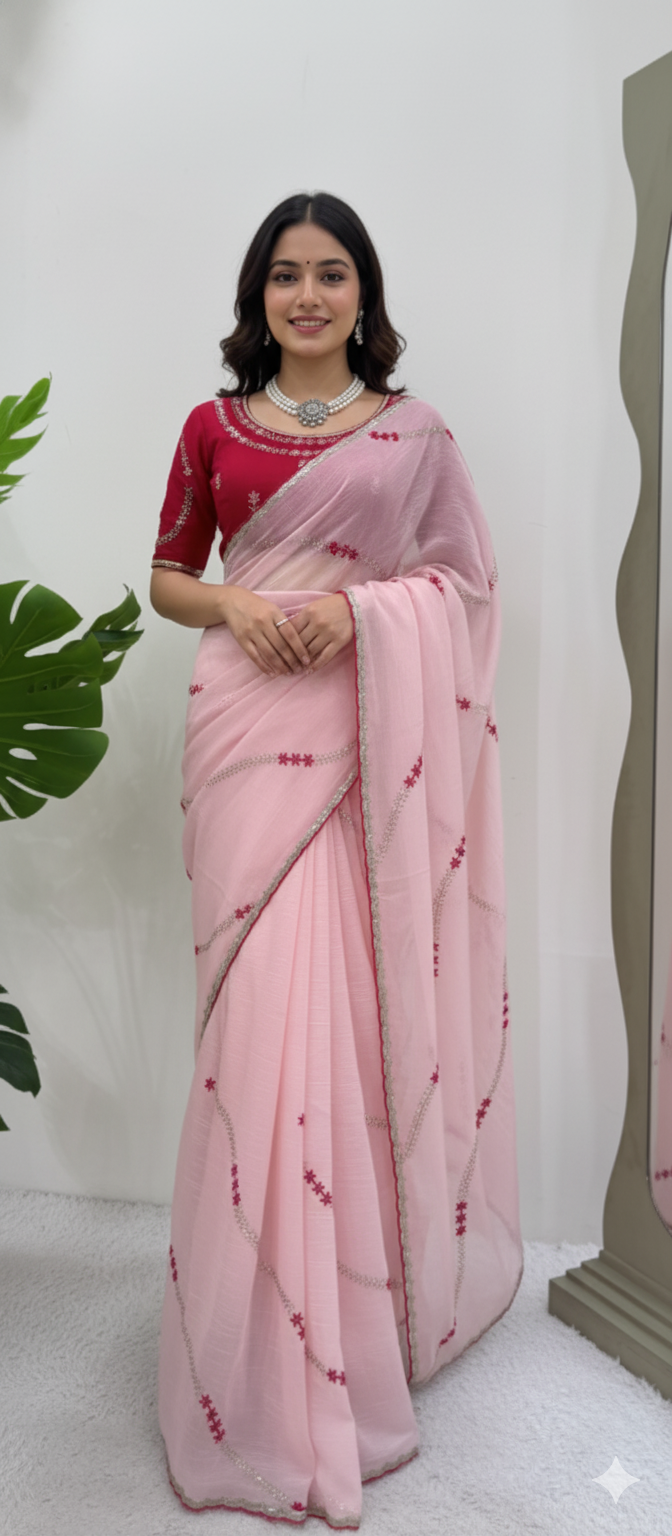 ✨ Elegant Charm – Designer Crunchy Silk Saree ✨
