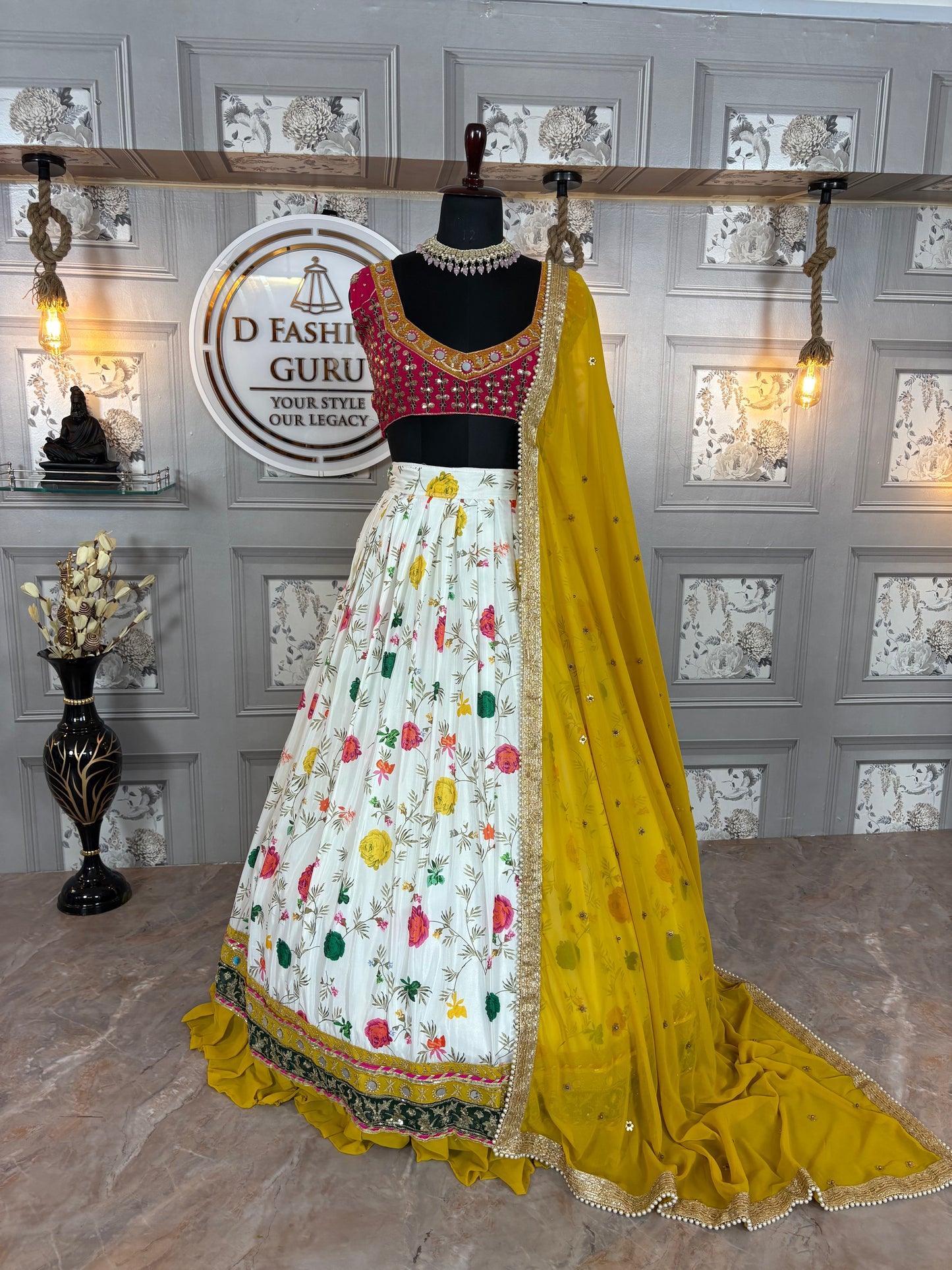 Women's Real Mirror Embroidered Georgette Lehenga Choli Set with Dupatta – Semi-Stitched, 3M Flare, Festive & Wedding Wear