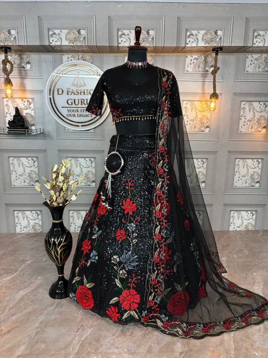 Trendy black Soft Mono Net lehenga with Embroidered Work With Cancan and designer blouse