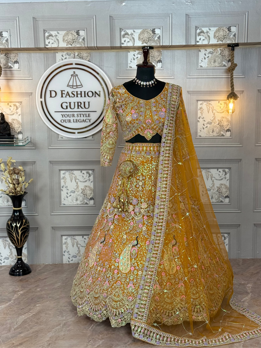 orange colour Semi-Stitched Butterfly Net Lehenga with Coding Sequins Work | Elegant Wedding & Party Wear