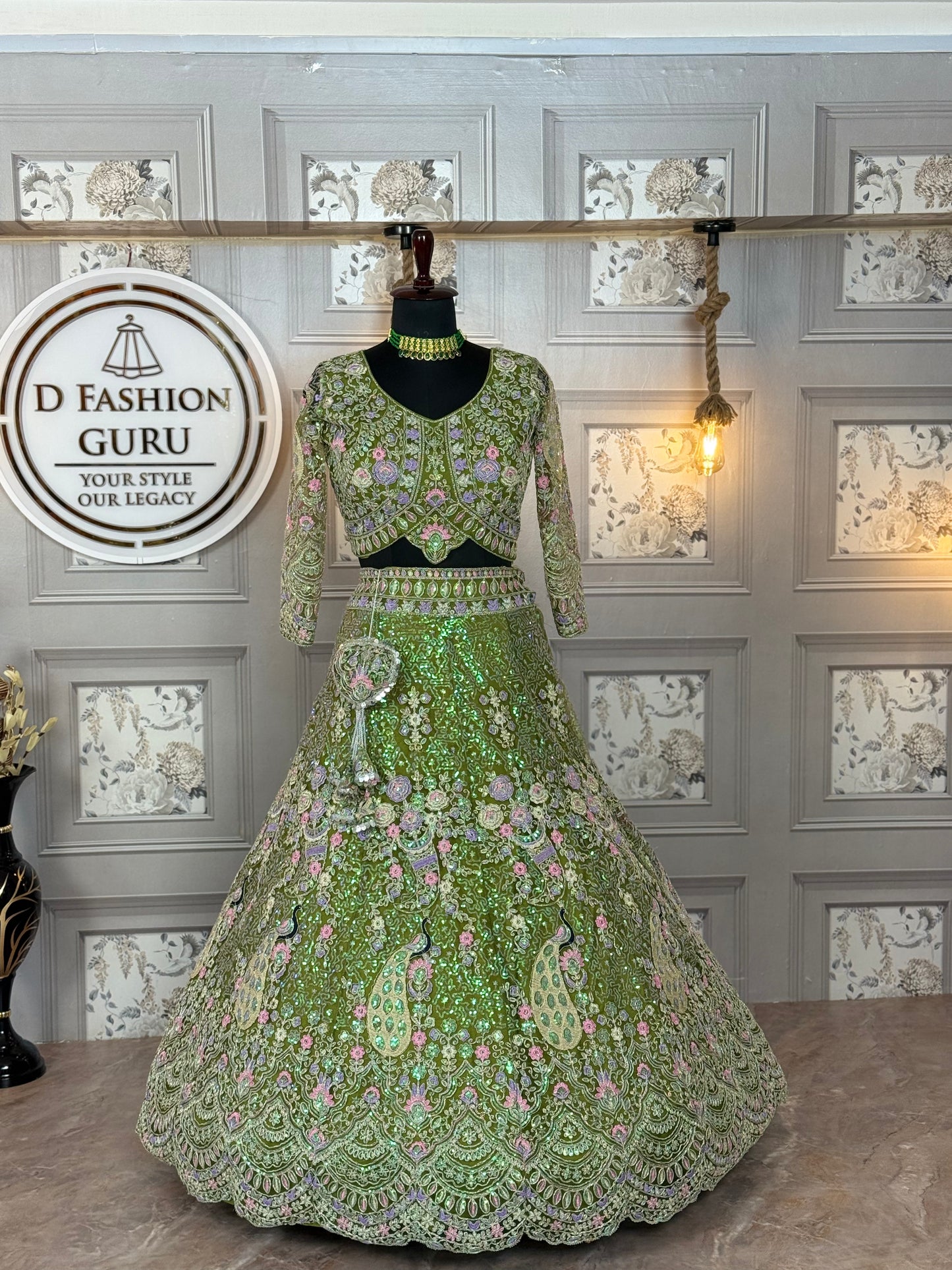 mehandi colour Semi-Stitched Butterfly Net Lehenga with Coding Sequins Work | Elegant Wedding & Party Wear