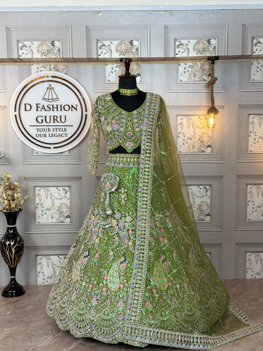 mehandi colour Semi-Stitched Butterfly Net Lehenga with Coding Sequins Work | Elegant Wedding & Party Wear