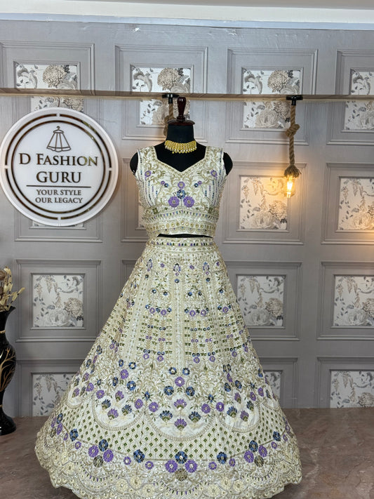 Premium Heavy Mono Satin Silk Lehenga Choli with Chinon Silk Dupatta | 4 Meter Flare | Embroidery Sequins & Cut Work | Semi-Stitched