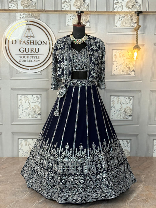 Premium Faux Georgette Lehenga Choli Set with Heavy Sequins Embroidery, Koti Style, and Dupatta – Semi-Stitched