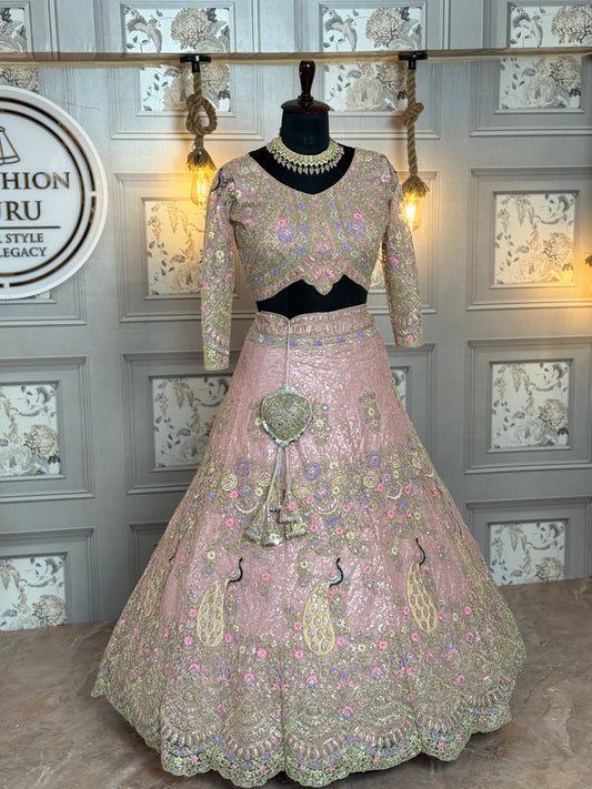 Light Pink Semi-Stitched Butterfly Net Lehenga with Coding Sequins Work | Elegant Wedding & Party Wear