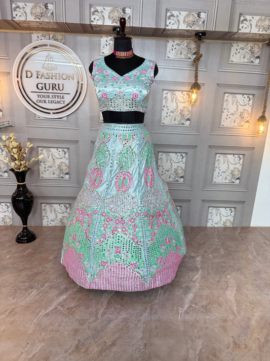✨ Exclusive Malai Satin Silk Real Mirror Embroidered Lehenga ✨