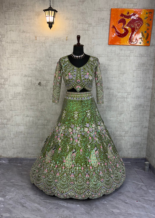 ✨ Premium Parrot Green Butterfly Net Lehenga with Coding Sequins Embroidery