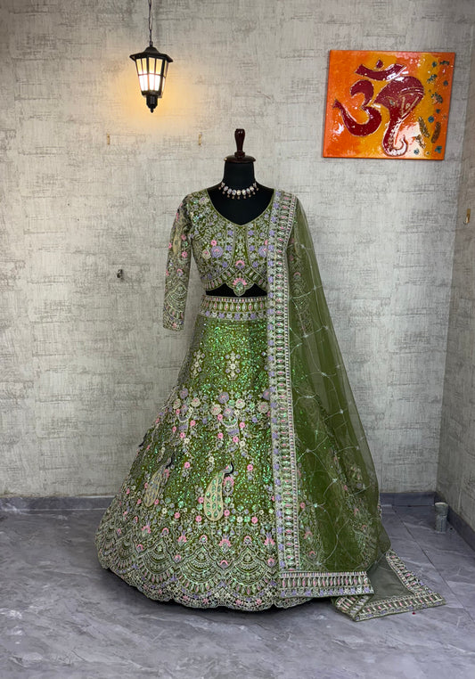 ✨ Premium Parrot Green Butterfly Net Lehenga with Coding Sequins Embroidery