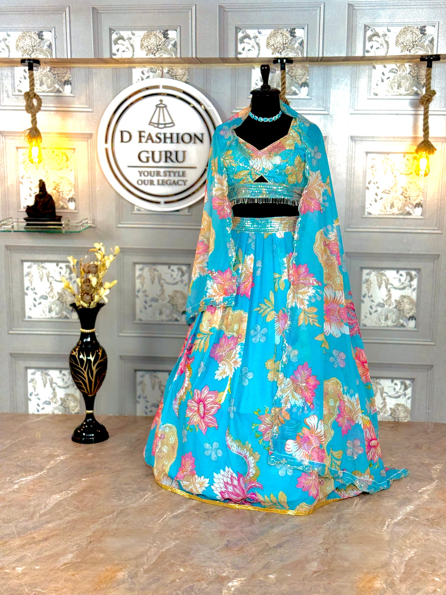 🌸 Turquoise Bloom: Floral Lehenga Set with Embellished Blouse & Dupatta 🌸