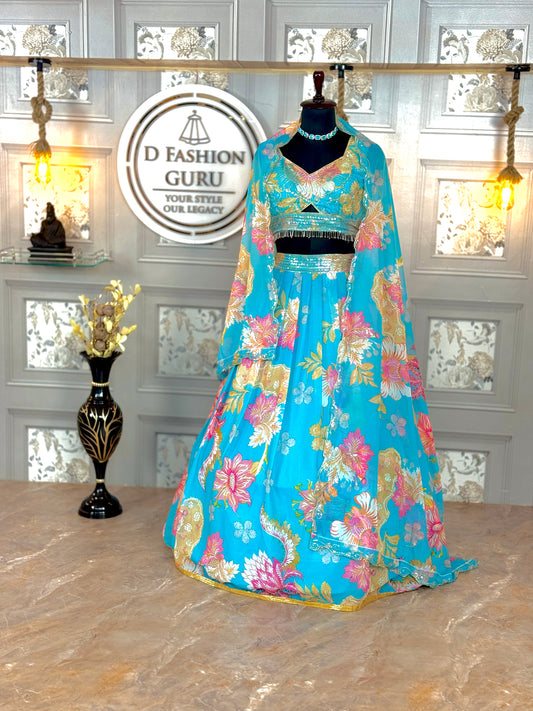 🌸 Turquoise Bloom: Floral Lehenga Set with Embellished Blouse & Dupatta 🌸