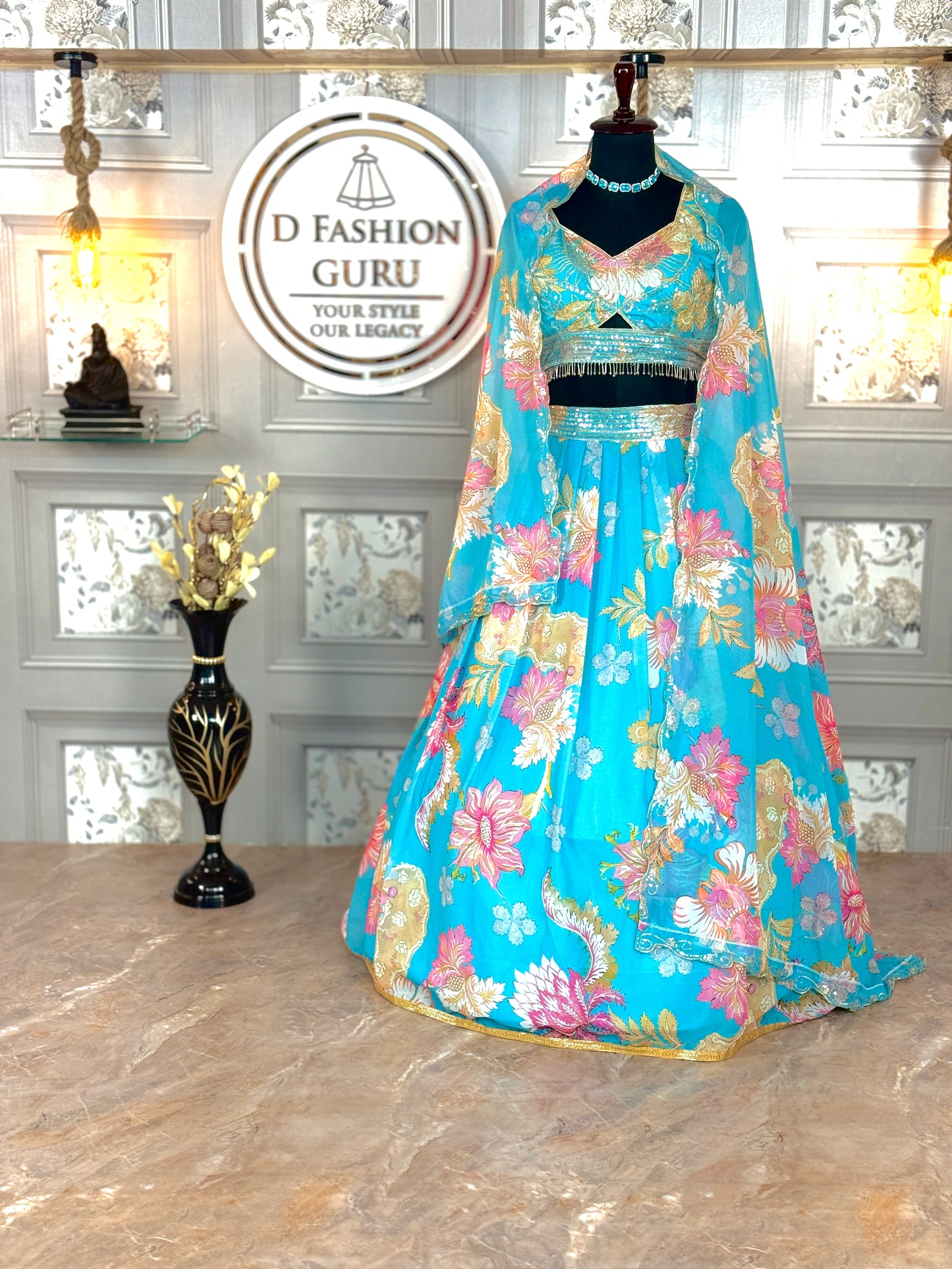 🌸 Turquoise Bloom: Floral Lehenga Set with Embellished Blouse & Dupatta 🌸