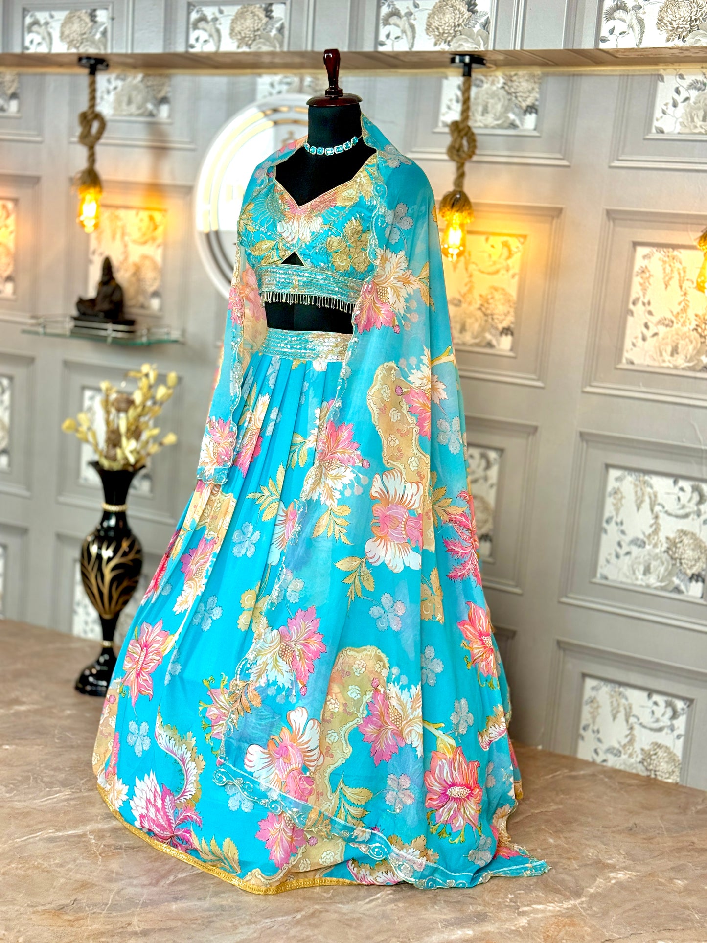 🌸 Turquoise Bloom: Floral Lehenga Set with Embellished Blouse & Dupatta 🌸