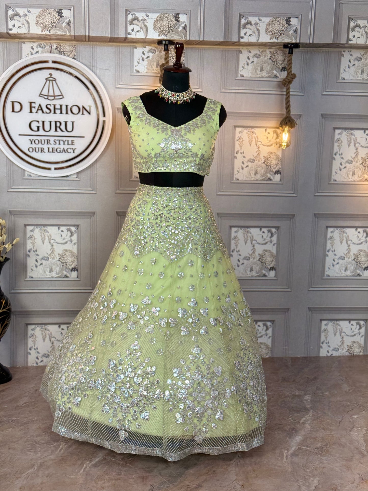 Premium Foil Mirror Work Butterfly Net Lehenga Set with Sequins Embroidery | Semi-Stitched | Flare 4 Meter