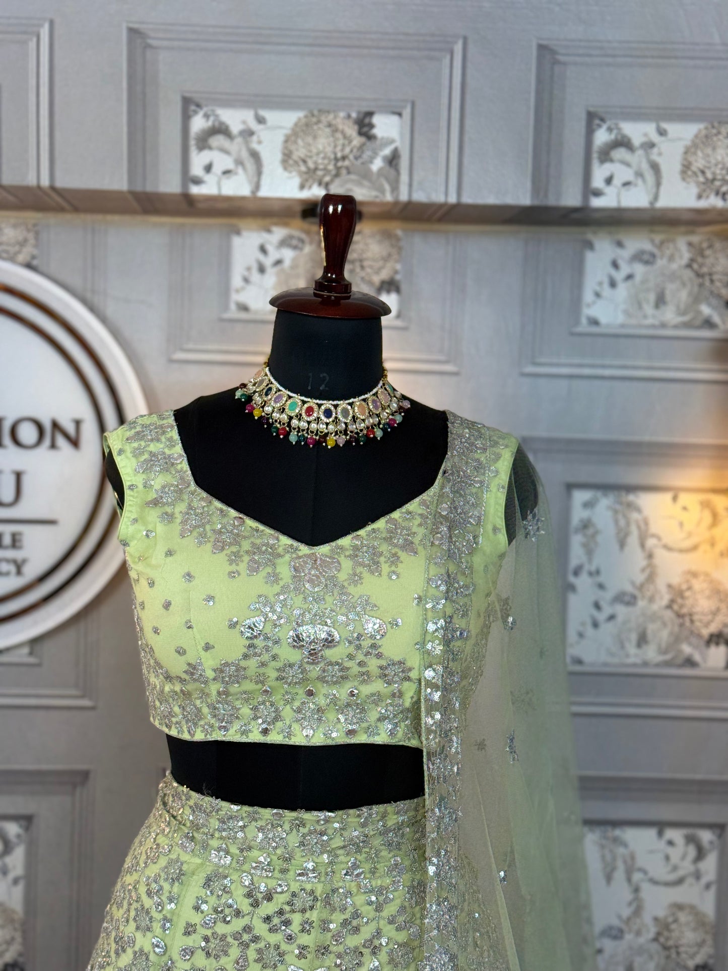 Premium Foil Mirror Work Butterfly Net Lehenga Set with Sequins Embroidery | Semi-Stitched | Flare 4 Meter