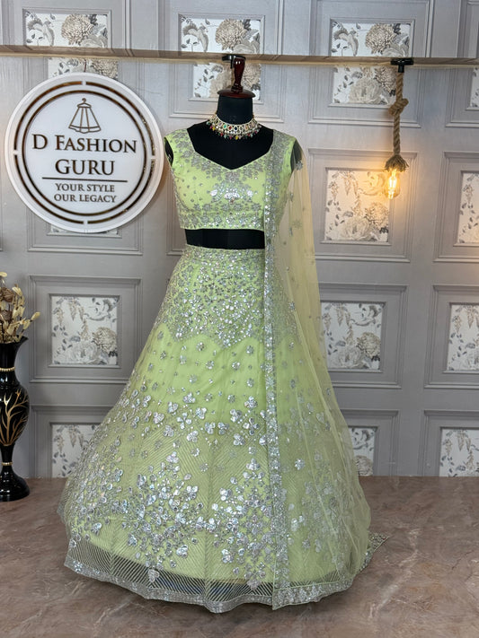 Premium Foil Mirror Work Butterfly Net Lehenga Set with Sequins Embroidery | Semi-Stitched | Flare 4 Meter
