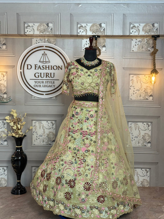 Premium Jimmy Chu Embroidered Sequins Lehenga Choli with Dupatta – Semi-Stitched | 4 Meter Flare | Soft Net Dupatta | Wedding & Party Wear
