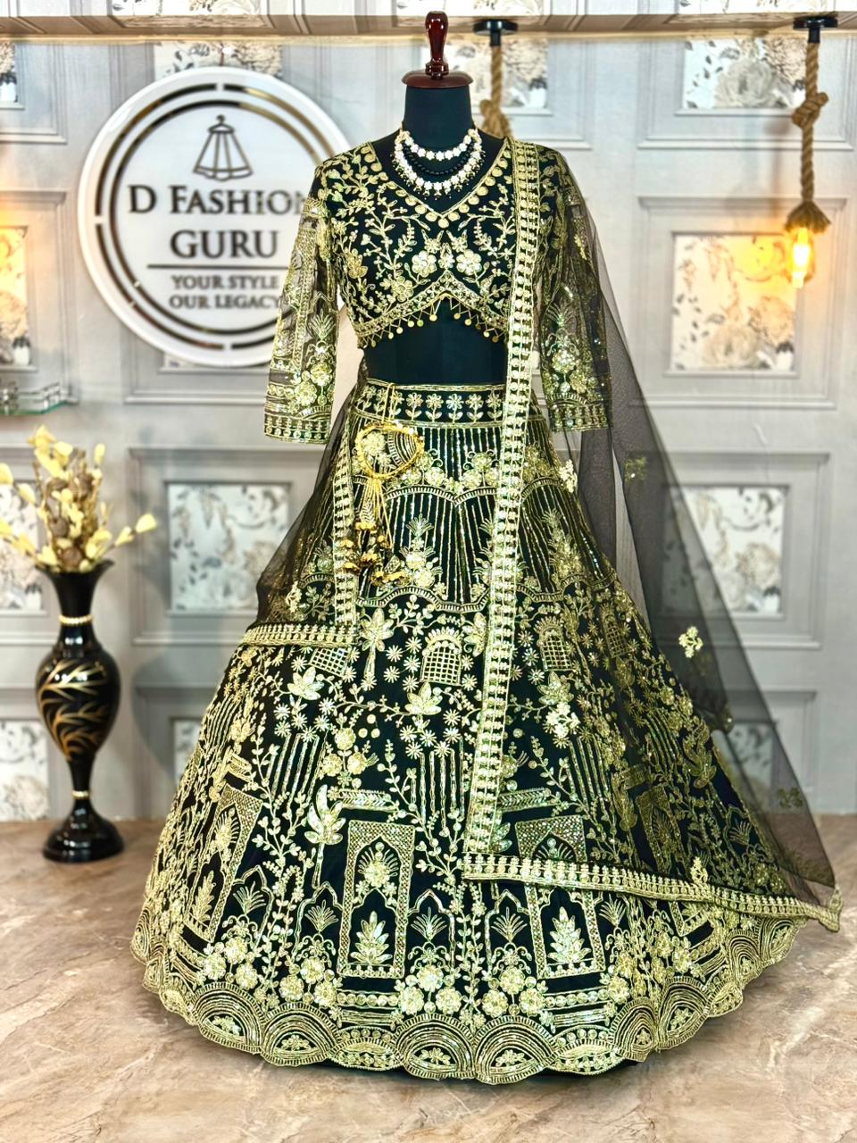 Premium Soft Net Lehenga with Coding Sequins Embroidery & Matching Dupatta