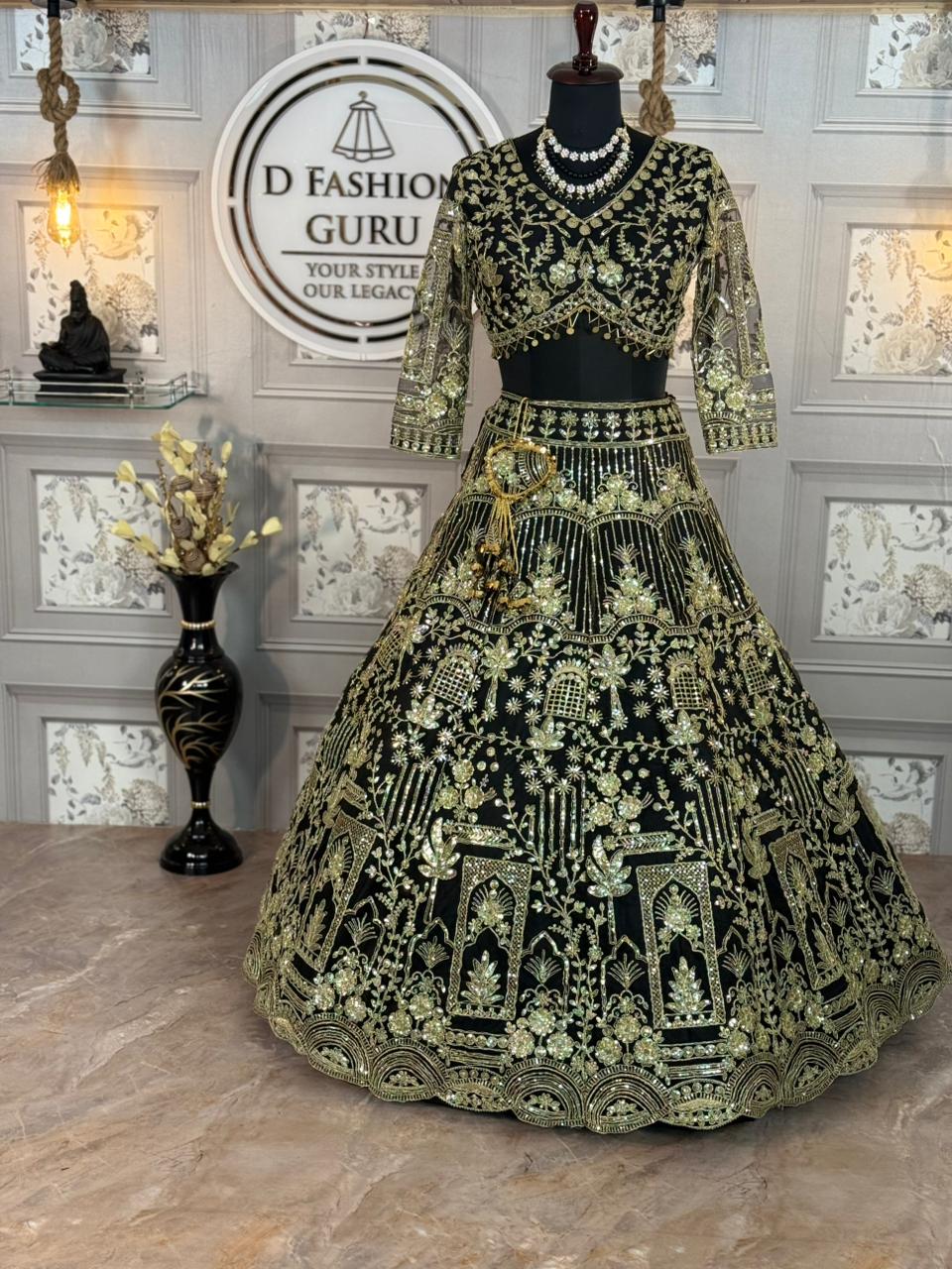 Premium Soft Net Lehenga with Coding Sequins Embroidery & Matching Dupatta