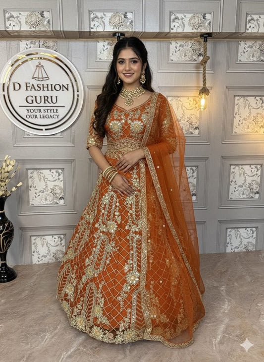 Premium Soft Net Lehenga with Coding Sequins Work & Dupatta
