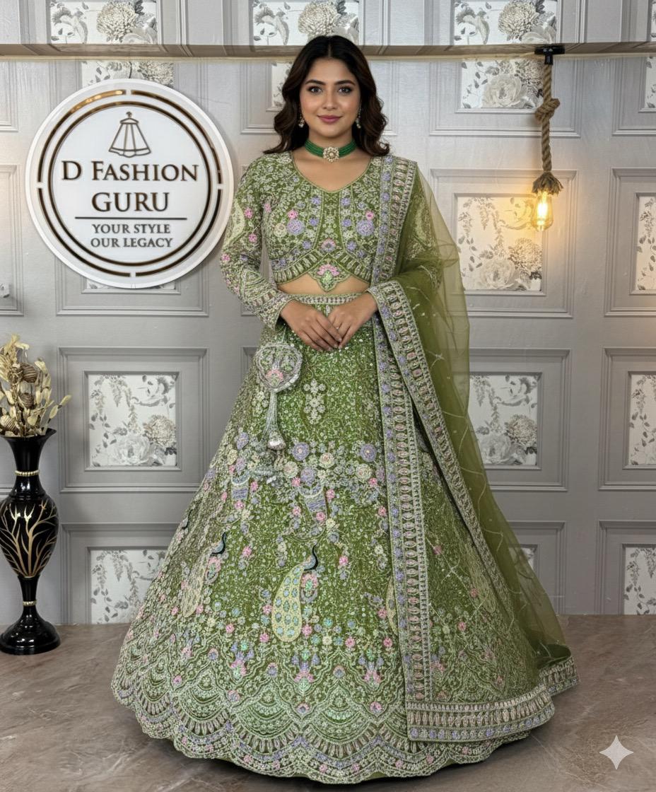 mehandi colour Semi-Stitched Butterfly Net Lehenga with Coding Sequins Work | Elegant Wedding & Party Wear