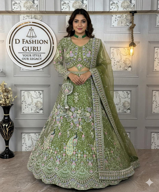 mehandi colour Semi-Stitched Butterfly Net Lehenga with Coding Sequins Work | Elegant Wedding & Party Wear