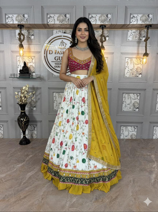 Women's Real Mirror Embroidered Georgette Lehenga Choli Set with Dupatta – Semi-Stitched, 3M Flare, Festive & Wedding Wear