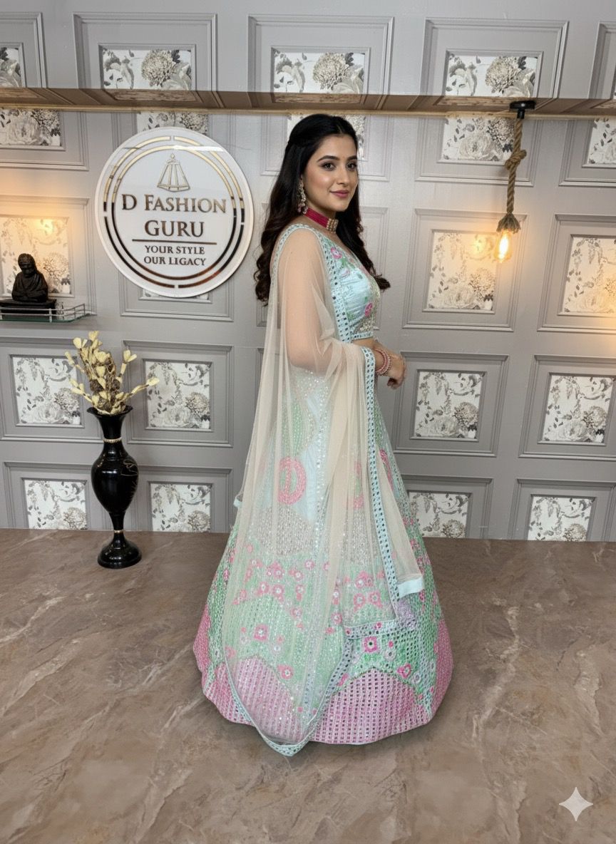 ✨ Exclusive Malai Satin Silk Real Mirror Embroidered Lehenga-1572 ✨