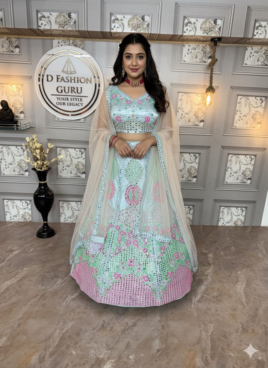 ✨ Exclusive Malai Satin Silk Real Mirror Embroidered Lehenga-1572 ✨