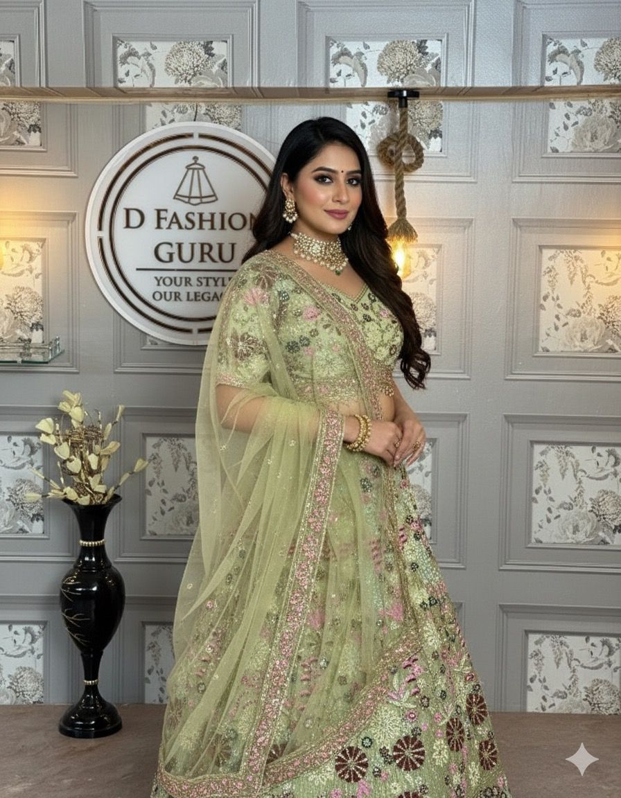 Premium Soft Net Sequins Embroidered Lehenga Choli Set with Dupatta – Semi Stitched – 4 Meter Flare – Elegant Wedding & Festive Wear