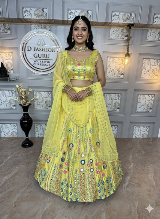 Luxury Japan Satin Silk Lehenga with Real Mirror & Sequins Embroidery Work