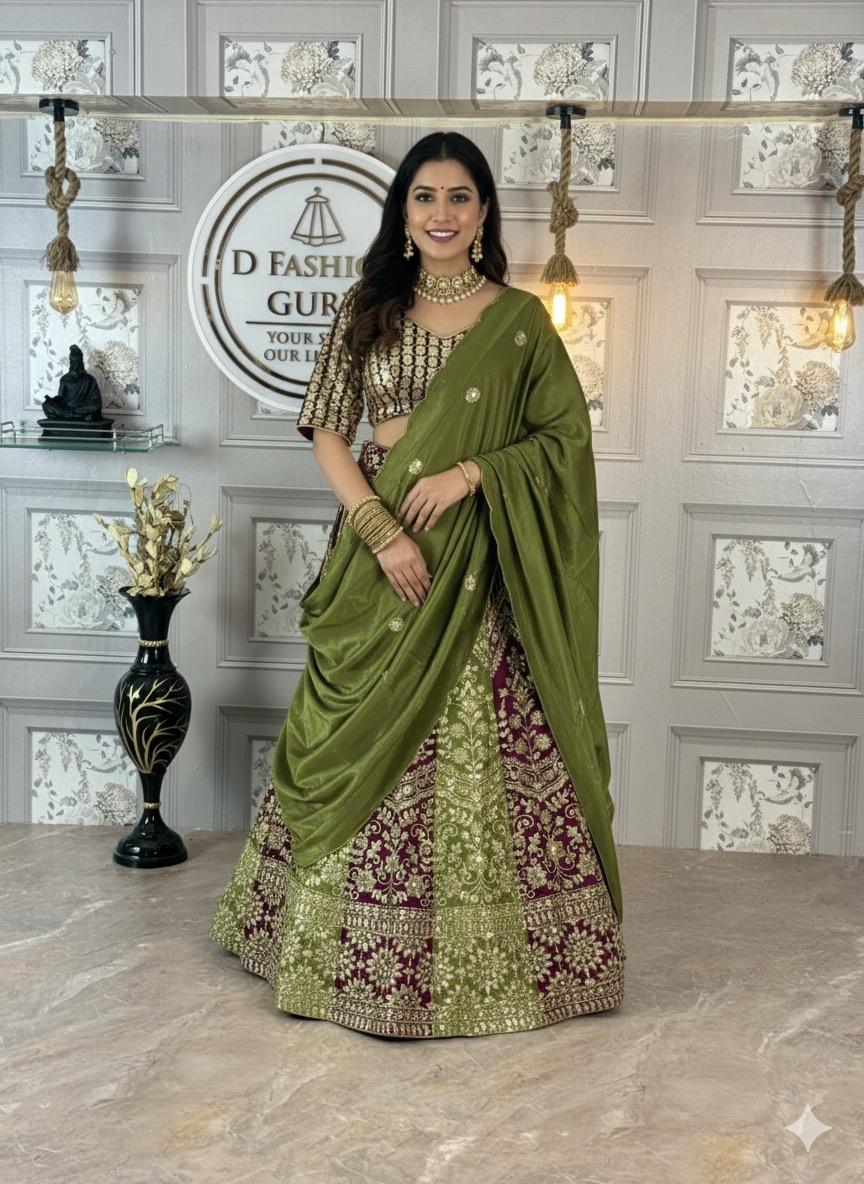 Premium Chinon Silk Lehenga with Sequins Embroidery & Matching Dupatta