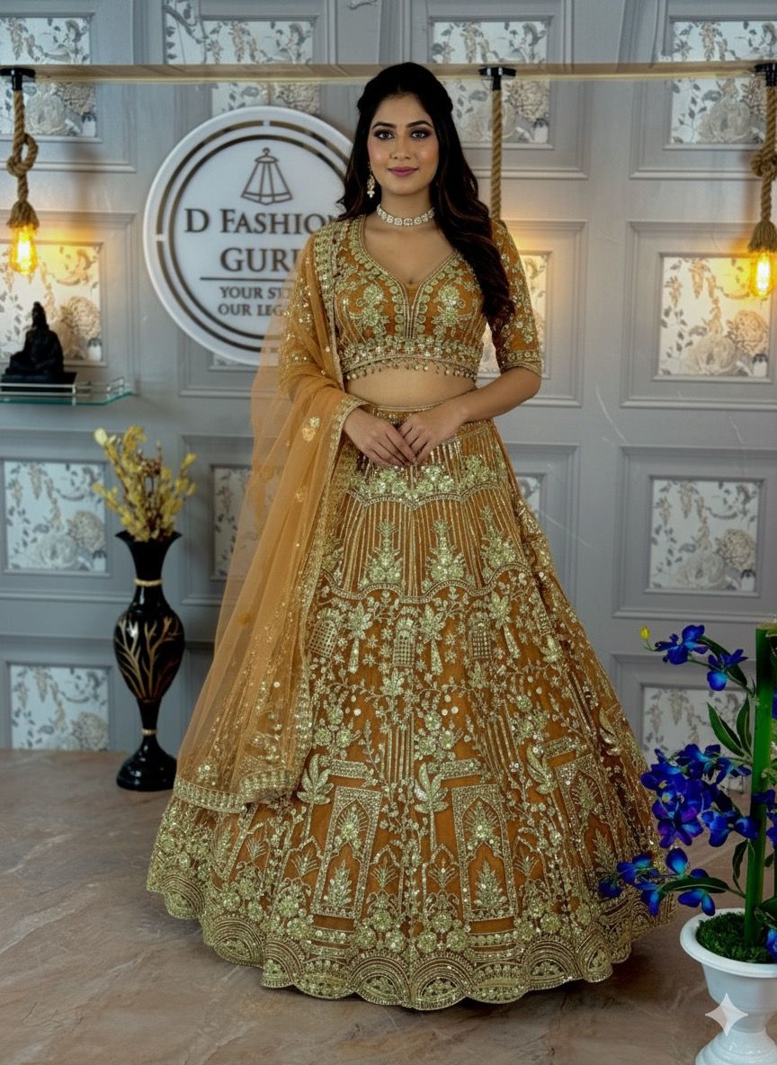 Premium Soft Net Lehenga with Coding Sequins Embroidery & Matching Dupatta