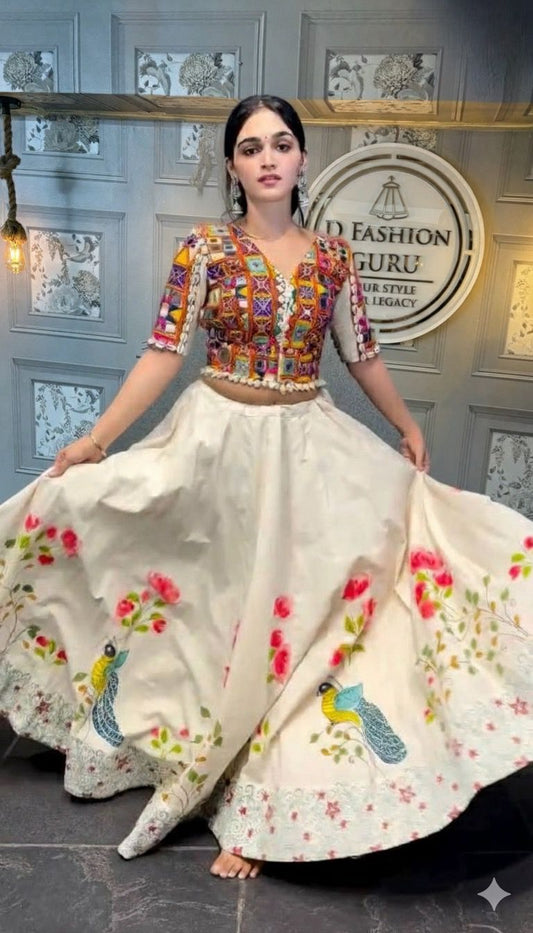 🌸 Royal Reverie: Reyon 3-Piece Semi-Stitched Lehenga Set with Elegant Mirror & Thread Work